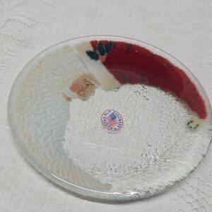 Peggy Karr Crescent Moon Santa Claus Christmas Fused Glass Plate 5.5" Vintage 03